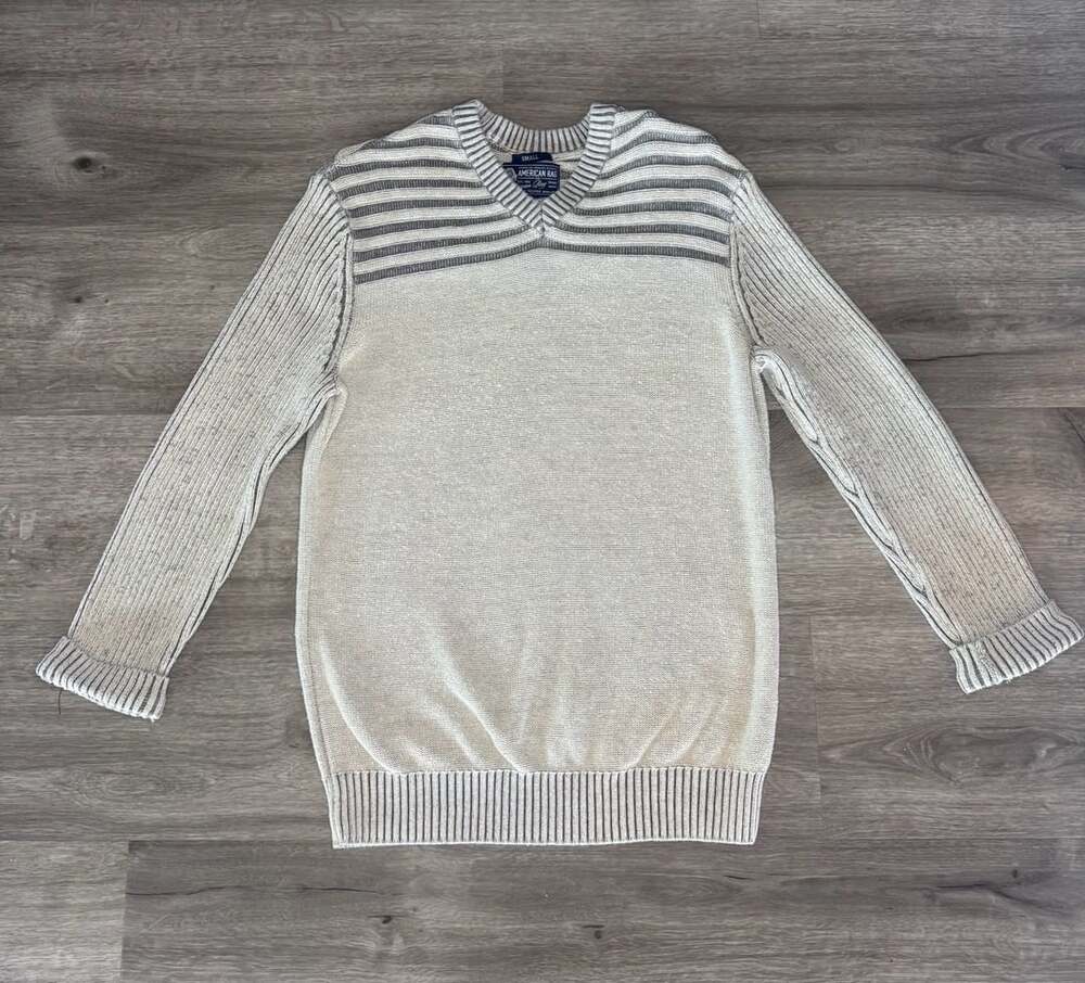 American Rag Striped V-Neck Sweater Size Small Off White Gray Cotton